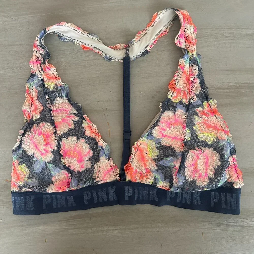 Victoria's Secret Bralette Size Large Blue Floral Lace Wireless Adjustable